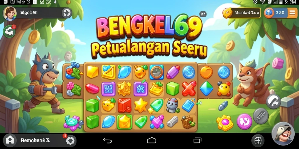 Screenshot BENGKEL69 menampilkan gameplay Match-3 yang seru dan penuh warna.