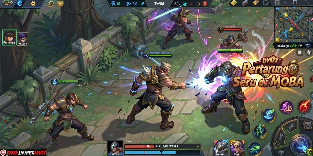 Screenshot gameplay DY01 yang menampilkan pertempuran epik antar hero.