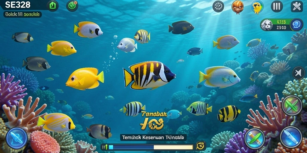 Tangkapan layar menampilkan gameplay seru dalam SE328 dengan aksi tembak ikan.