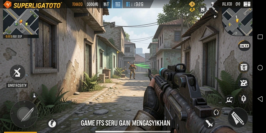 Tangkapan layar utama SUPERLIGATOTO menampilkan aksi gameplay FPS yang intens.