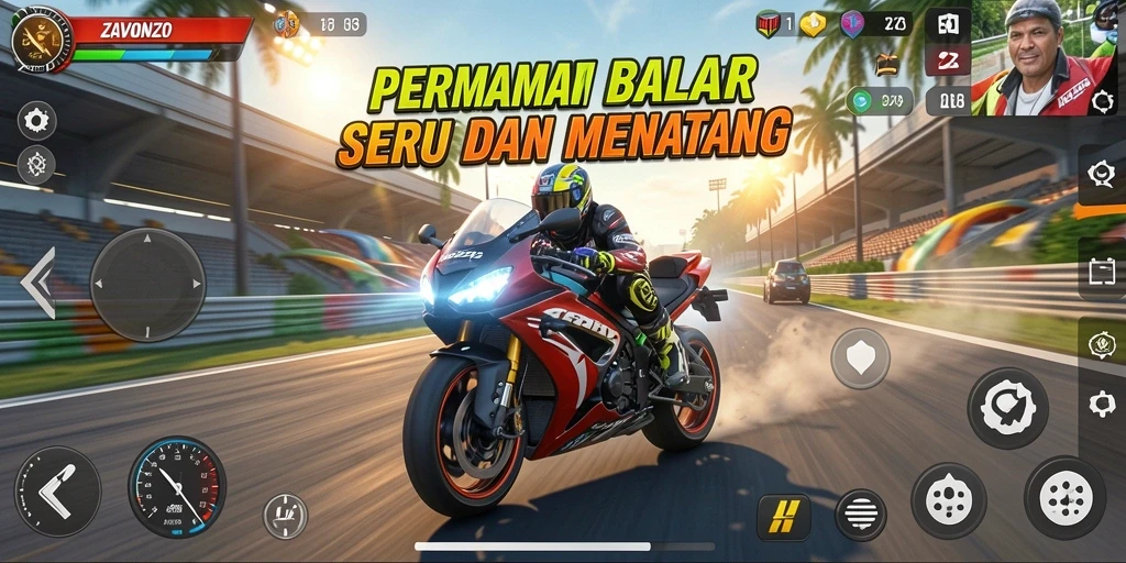 Screenshot gameplay ZAVONZO menampilkan balapan motor yang seru dan mendebarkan.